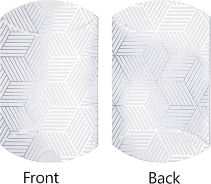 Aokbean 100 Pack Mini Pillow Candy Box Small Gift Boxes with 50 Yards Ribbon for Christmas Wedding Party Favor Gift, Jewelry or Soap Packaging (Silver Stripes)
