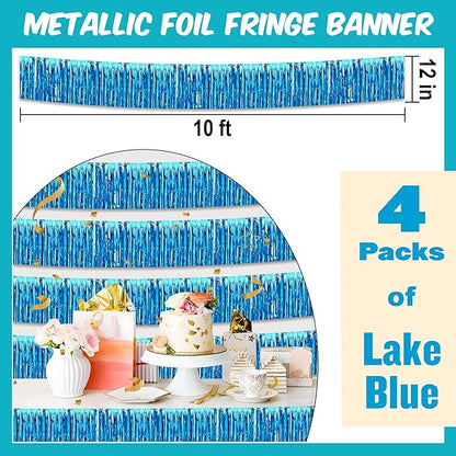 4 Pack 10 Ft Lake Blue Foil Fringe Garland Metallic Streamers Tinsel Banner Wall Hanging Garland Backdrop for Parade Floats, Halloween, Christmas, Thanksgiving, New Year Party Decorations