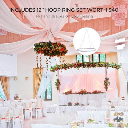 boldworks Ceiling Drapes Hanging Kit for Weddings Tent Bedroom Draping Parties Decoration White Fabric Includes Hoop Ring Set 5ft x 10ft Pack of 6