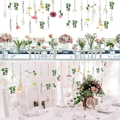 Hoteam 26 Pcs DIY Flower Garland Artificial Hanging Wildflower Backdrop Set Fake Rose Eucalyptus Daisy Poppy Wild Flower Decor for Wedding Party Birthday Home Garden (White,Champagne,Pink)