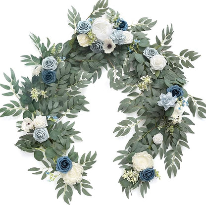 Ling's Moment Flower Garland - 6FT Eucalyptus & Rose - Sweetheart Table Decor for Wedding Reception, Artificial Arch Floral Garland for Mantle, Christmas, Beach Decoration, Dusty Blue & White