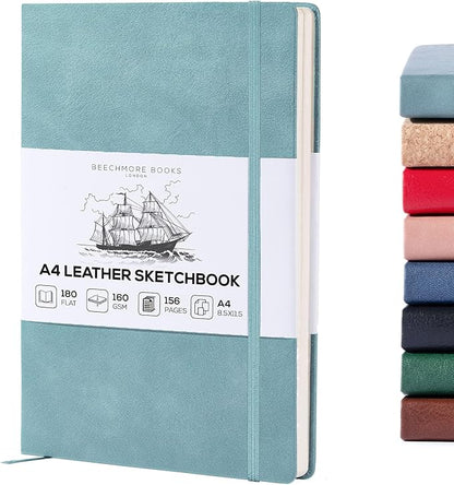 BEECHMORE BOOKS A4 Sketchbook – 8.5x11 Premium Vegan Leather Bound Large Sketch Book Hardcover With 156 Thick 160gsm Perforated Ivory Pages, Blank Sketch Pad, Gift Boxed, Back Pocket, Ribbon Bookmark
