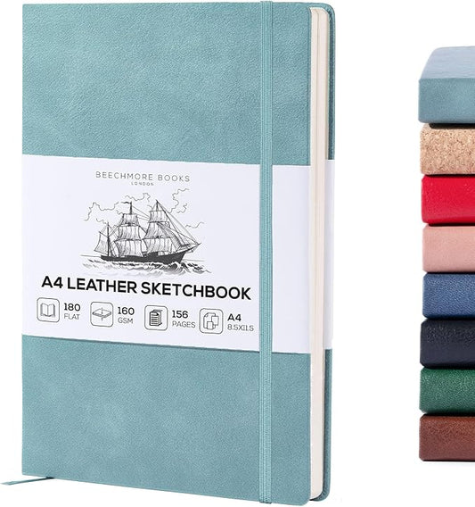 BEECHMORE BOOKS A4 Sketchbook – 8.5x11 Premium Vegan Leather Bound Large Sketch Book Hardcover With 156 Thick 160gsm Perforated Ivory Pages, Blank Sketch Pad, Gift Boxed, Back Pocket, Ribbon Bookmark