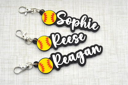 Personalized Softball bag tag for water bottles, sports, gym, and softball bags. Custom keychain for softball baseball coaches, players, and team party gifts.