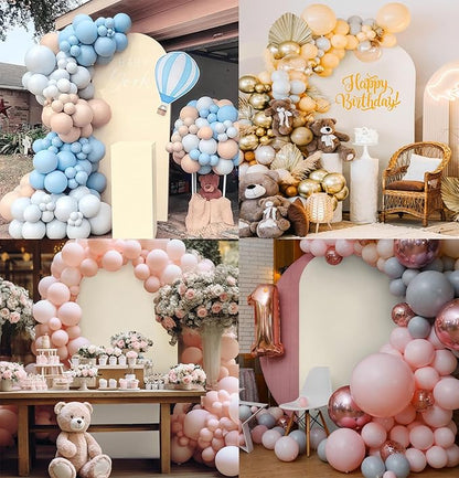 6FT Wedding Arch Backdrop Stand and Beige Arch Cover, Beige Spandex Fitted Backdrop Cover and Gold Wedding Arch Frame for Birthday Party Wedding Ceremony Bridal Baby Shower, Parties Decoration.