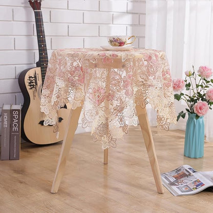 Lace Floral Tablecloth Vintage Round Tablecloth Decorative Exquisite Border Table Cover for Party Wedding Home Decorations, Round-48, Pink
