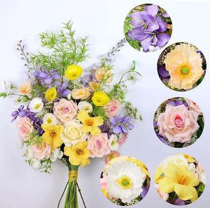 Artificial Flowers Bouquets for Bridal Wedding Home Decor Fake Floral Arrangements for Party Table Centerpieces DIY Silk Flower Set Spring Summer Indoor Outdoor (Combo Pink/Yellow)