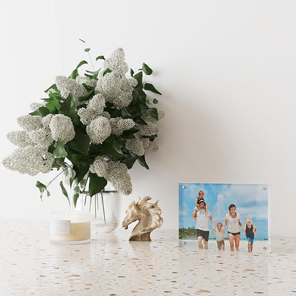 5x7 Acrylic Picture Frame 5 Pack, 20mm Thick Magnetic Double Sided Display 20% Thicker- Frameless Clear Transparent Photo Frame for Desktop/Tabletop, Self Standing with Microfiber Cloth
