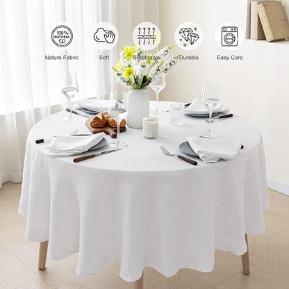 100% Pure French Linen Tablecloths,90Inches Round Table Clothes for Dining,Parties,Picnic,Events,Weddings and Restaurants (RO-White, Round - 90 Inch Dia)