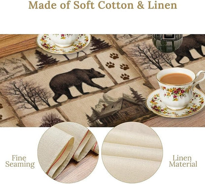 Rustic Cabin Table Runner, Retro Moose Cone Deer Bear Farmhouse Lodge Table Runner for Dinner Living Room Kitchen Vintage Country Cottage 13x60 Inch