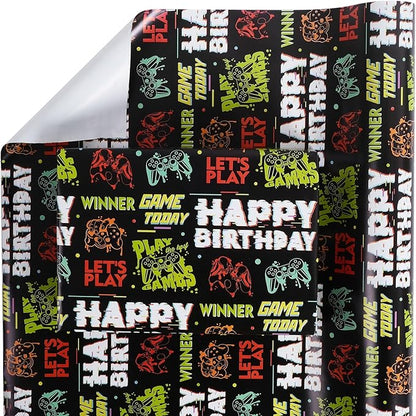 Aimyoo Gaming Birthday Wrapping Paper Roll - 17 Inch X 16.4 Feet - Black Happy Birthday Video Game Pattern Gift Wrap Paper for Boys Party, Baby Shower, Holiday