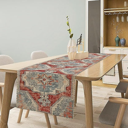 Boho Floral Vintage Table Runner, Retro Blue Red Flower Rustic Country Farmhouse Abstract Pattern for Home Kitchen Table Decor Dining Coffee Room Party Decor 13x60in