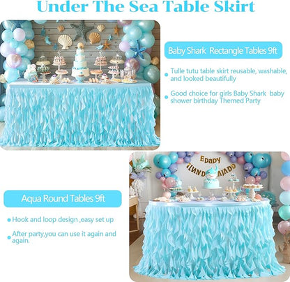 PARTISKY Aqua Blue Tulle Curly Willow Table Skirt for Rectangle Table 9ft, Ruffle Tutu Table Cloth for Boys Baby Shower,Birthday Party Candy Cake Tables