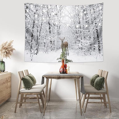 QGHOT Winter Tapestry Wall Hanging Snow Scene Backdrop Winter Wonderland Wall Decor Snowy Forest Wall Art Nature Woodland Deer Tapestry for Bedroom Room Dorm Party Decoration