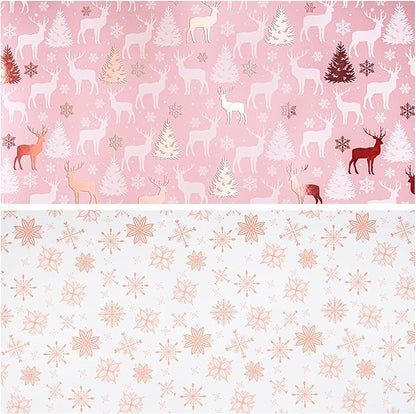 LeZakaa Christmas Pink Wrapping Paper Jumbo Roll, Reindeer & Snowflake, Metallic Foil, Rose Gold Foil Reversible Design for Festive Winter Holiday, Family Gathering, 30 inches x 100 Feet