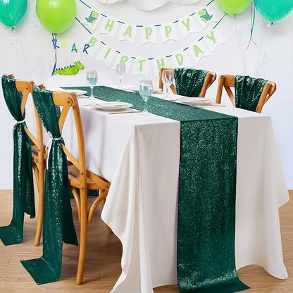 Sequin Table Runners 12 Pieces Emerald Green Table Runners 12x108 Inch Glitter Dining Table Cover for Party Wedding Birthday Reception Banquet Decoration Spring Party Chair Sashes