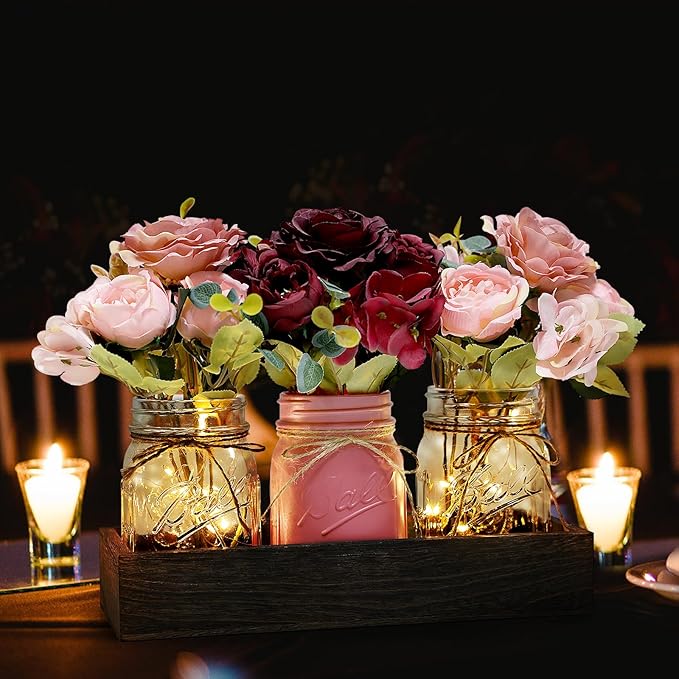 Mason Jar Lights Centerpiece for Table, Mason Jar Centerpiece Decor for Dining Room Farmhouse Coffee Table Decor with Wood Tray Fairy Lights Peony Flowers for Kitchen Living - Burgundy Pink