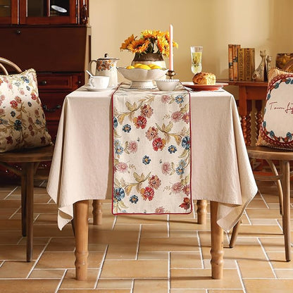 patdrea Designer Farmhouse Linen Extra Long Table Runner, Rustic Cottage Beige with Floral Pattern Fabric Table Mat, Decoration for Kitchen Dining Coffee Table Banquet Christmas , 12"*118"