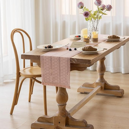 Boho Pink Table Runner for Home Decor 12x72 Inches Farmhouse Macrame Burlap Jute Rustic Dining Kitchen Centerpiece Bohemian Decor French Country Baby Bridal Shower Decorations