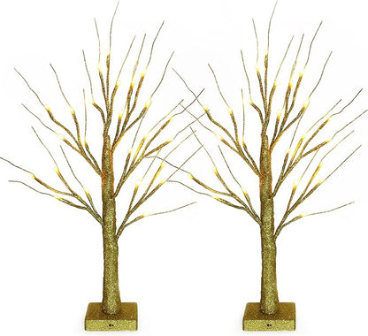 Sunnyglade 2PCS 2Ft 24 LED Birch Tree Light Fairy Tree Bonsai Tree Light Warm White for Home Wedding Festival Party Christmas Decoration (Golden)