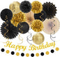 Black Gold Women-Men Birthday Party-decorations - 21pcs Happy Banner,Paper Streamers Lanterns Honeycomb,Tissue Pom Poms Fan,Classroom Birthday Supplies Decor Huglony