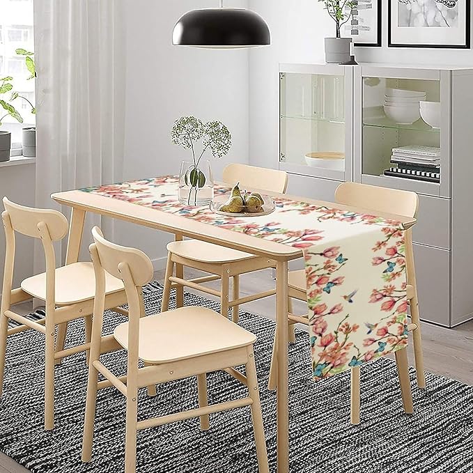 Spring Floral Bird Table Runner, Watercolor Pink Flower Plants Nature Butterfly Table Runner for Kitchen Dinner Living Room Home Party, 13x70 Inch