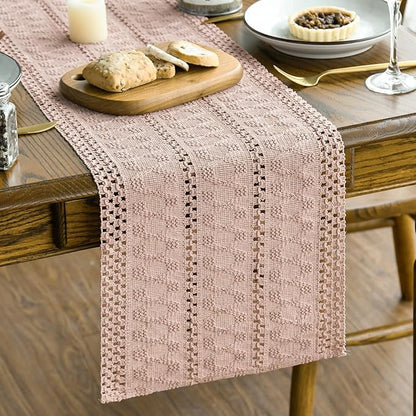 Artoid Mode Pink Farmhouse Woven Rustic Hollow Table Runner, Seasonal Holiday Hollow Kitchen Dining Table Decoration for Home Party Decor 12x90 Inch