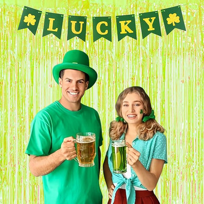 BRAVESHINE Iridescent Foil Fringe Backdrop - 2 Pack 3.2 x 6.5 ft Holographic Tinsel Curtain Party Streamers Photo Backdrop for Birthdays Dinosaur Theme Christmas Patricks Decorations - Clear Green
