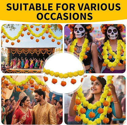 5 Pcs Marigold Garland Diwali Decor Artificial Flowers, 4.5 Feet Artificial Marigold Flowers for Indian Pooja Diwali Home Mantle Decor Wedding Decoration for All Year Decoration (Yellow＆Orange)