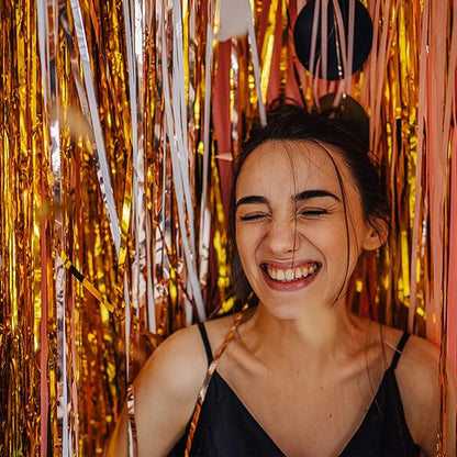 5 Pack Foil Curtain Backdrop Gold Metallic Tinsel Foil Fringe Curtains Photo Booth Props for Birthday Wedding Engagement Baby Shower Bachelorette Christmas Holiday Celebration Party Decorations