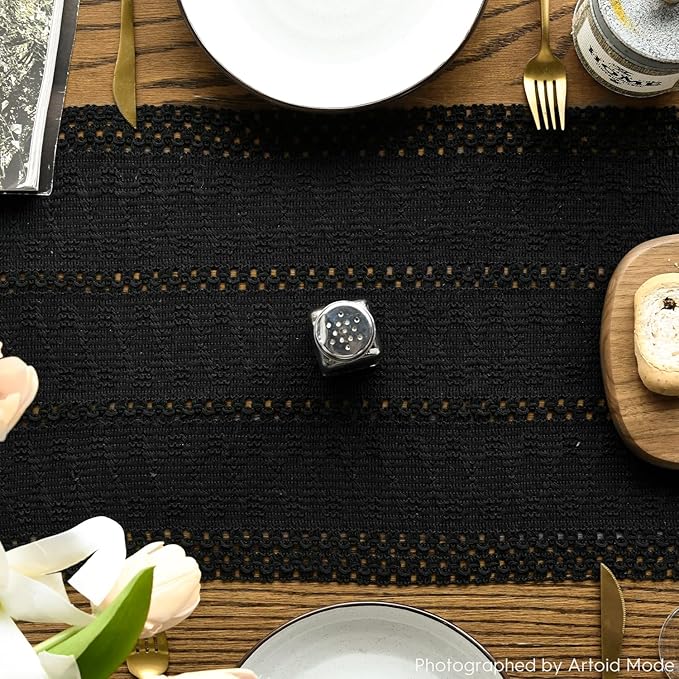 Artoid Mode Black Farmhouse Woven Rustic Hollow Table Runner, Seasonal Holiday Hollow Kitchen Dining Table Decoration for Home Party Decor 12x90 Inch