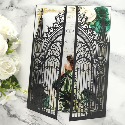 20PCS Laser Cut Wedding Invitations,Wedding Invitation Card Pocket,Quince Invites,Sweet 16 Invitations,Quinceanera Invitations,Laser Cut Invitations For All Occasions (black)