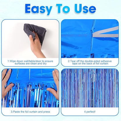 4 Pack Blue Foil Fringe Backdrop Curtains, Tinsel Streamers Birthday Party Decorations, Fringe Backdrop for Graduation, Baby Shower, Gender Reveal, Disco Party