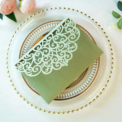 ponatia 5.12 x 7.2 Sage Green Laser Cut Wedding Invitations, 20PCS Tri-Fold 5x7 Trifold Laser Cut Invitation Pockets with Envelopes for Wedding Bridal Shower Engagement (No Inner Sheet)