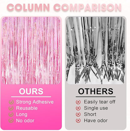 4 Pack 3.3x8.2 Feet Laser Pink Foil Fringe Backdrop Curtains, Tinsel Streamers Birthday Party Decorations, Fringe Backdrop for Graduation, Baby Shower, Gender Reveal, Disco Party