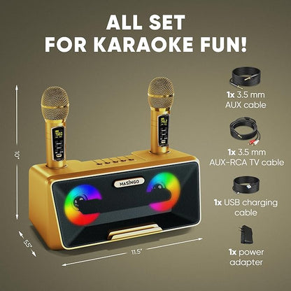 MASINGO Karaoke Machine for Adults and Kids with 2 Wireless Microphones, Portable Bluetooth Singing Speaker, Colorful LED Lights, PA System, Lyrics Display Phone Holder, and TV Cable. Presto G2 Gold