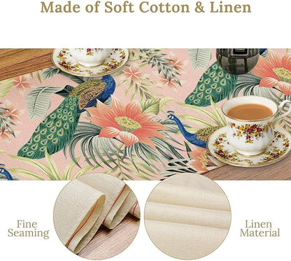Peacock Table Runner,Pink Flower Peacock Birds Table Runner for Home Kitchen Dining Party Indoor Outdoor Decoration 13x120 Inch
