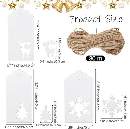 Aneco 150 Pieces Christmas Paper Gift Tags White Kraft Tags Hang Labels Christmas Tree Snowflake Reindeer Design with 30 Meters Jute Twine for Christmas DIY Wrapping Favor Holiday Present