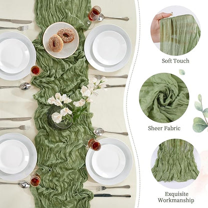 6 Pack Sage Green Cheesecloth Table Runner 10FT Long Boho Gauze Table Runner Rustic Sheer Runner for Wedding Bridal Baby Shower Birthday Party Table Decor Thanksgiving Christmas Decorations