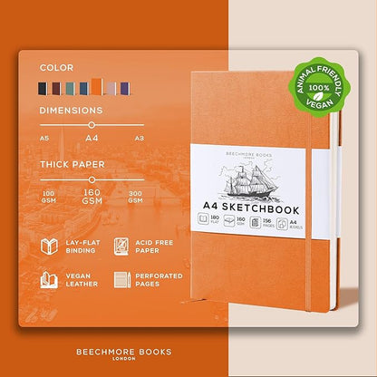 Beechmore Books A4 Sketchbook – 8.5x11 Premium Vegan Leather Bound Large Sketch Book Hardcover with 156 Thick 160gsm Perforated Ivory Pages, Blank Sketch Pad, Gift Boxed, Back Pocket, Ribbon Bookmark