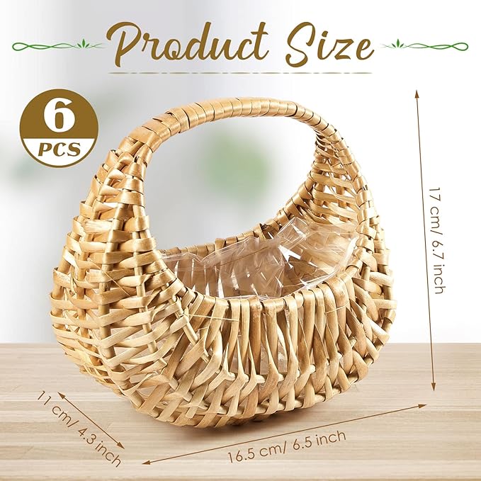 Taiyin 6 Pack Rattan Flower Girl Basket Small Half Moon Straw Wicker Basket with Handle Ideal for Wedding Flower Girl,Picnic,Garden Storage and Home Decor (Nature)