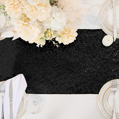Black Table Runners Sparkly Halloween Table Runner 10 Packs 12x108 Inches Glitter Sequin Fabric for Birthday Party Holiday Supplies Decorations