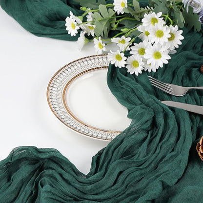 6 Pack Emerald Green Cheesecloth Christmas Table Runner 10ft Boho Gauze Fabric Cheese Cloth Table Runner 35 x 120 Inch Rustic Sheer for Romantic Wedding Decor Baby Shower Party Centerpiece Decoration