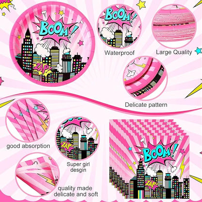 452 Pcs Girl Birthday Decorations for 50 Guests Pink Hero Paper Plates Napkins Cups Tablecloth Cutlery Straws for Pink Hero Girl Birthday Baby Shower Party Supplies