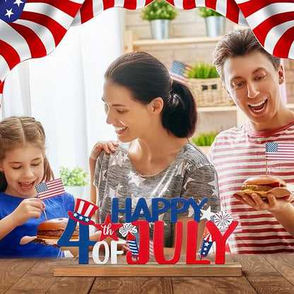 Happy 4th of July/Patriotic Metal Sign Rustic Table Decor Holiday Tiered Tray Decor with Wooden Base Freestanding Metal Word Sign for Home Tabletop Centerpiece Mantel Shelf Fireplace