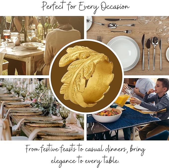 Gold Leaf Napkin Rings Set of 12 - Round Metal Napkin Holders for Dining Table Settings - Elegant Leaf Design for Weddings, Parties, Holiday Décor, Family Dinners & Special Occasions - CLEENTABLE