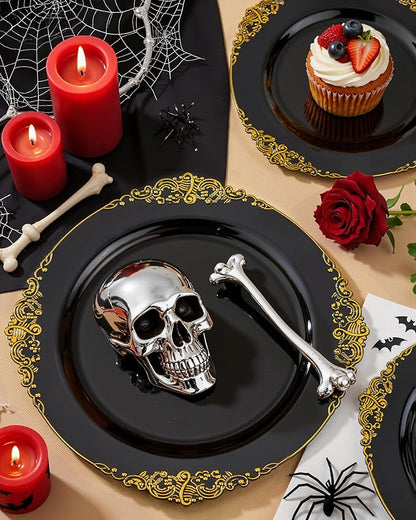 Nervure 350PCS Black Plastic Plates - Black Plastic Dinnerware Sets for 50 Guests - 100 Disposable Plates, 150 Gold Silverware, 50 Cups, 50 Napkins for Wedding & Party & Halloween