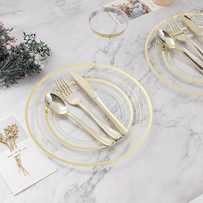 BESTVIP 300PCS Plastic Dinnerware Set (50 Guests), Clear Gold Disposable Plates for Party, Wedding, Christmas, Anniversary, Includes: Dinner Plates, Dessert Plates, Cups, Spoons, Forks and Knives