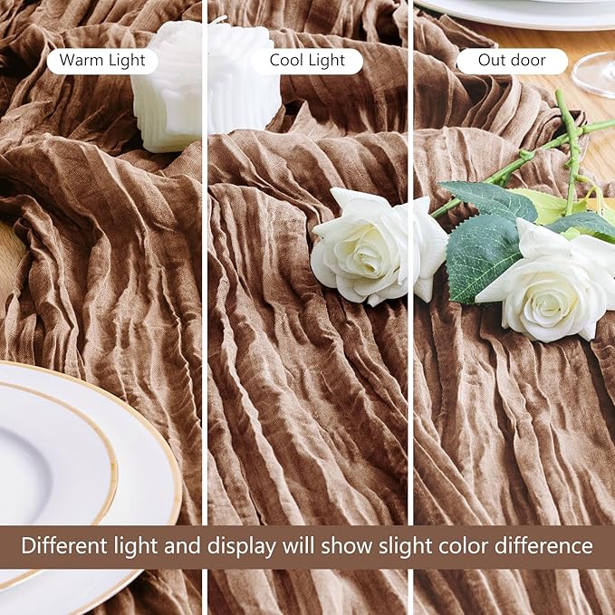 Asee'm Cheesecloth Table Runner 120 Inches Long Brown Boho Gauze Cheese Cloth Runner 10FT Rustic Sheer Fall Table Runners for Thanksgiving Wedding Party Baby Shower Decoration