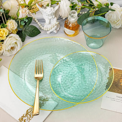 Rubtlamp 175 Pcs Green Plastic Plates Dinnerware Set (25 Guests), Hammered Plates Sets, Green Plastic Party Plates Set include 50 Disposable Plates Set, 75 Gold Plastic Silverware, 25 Cups 25 Napkins